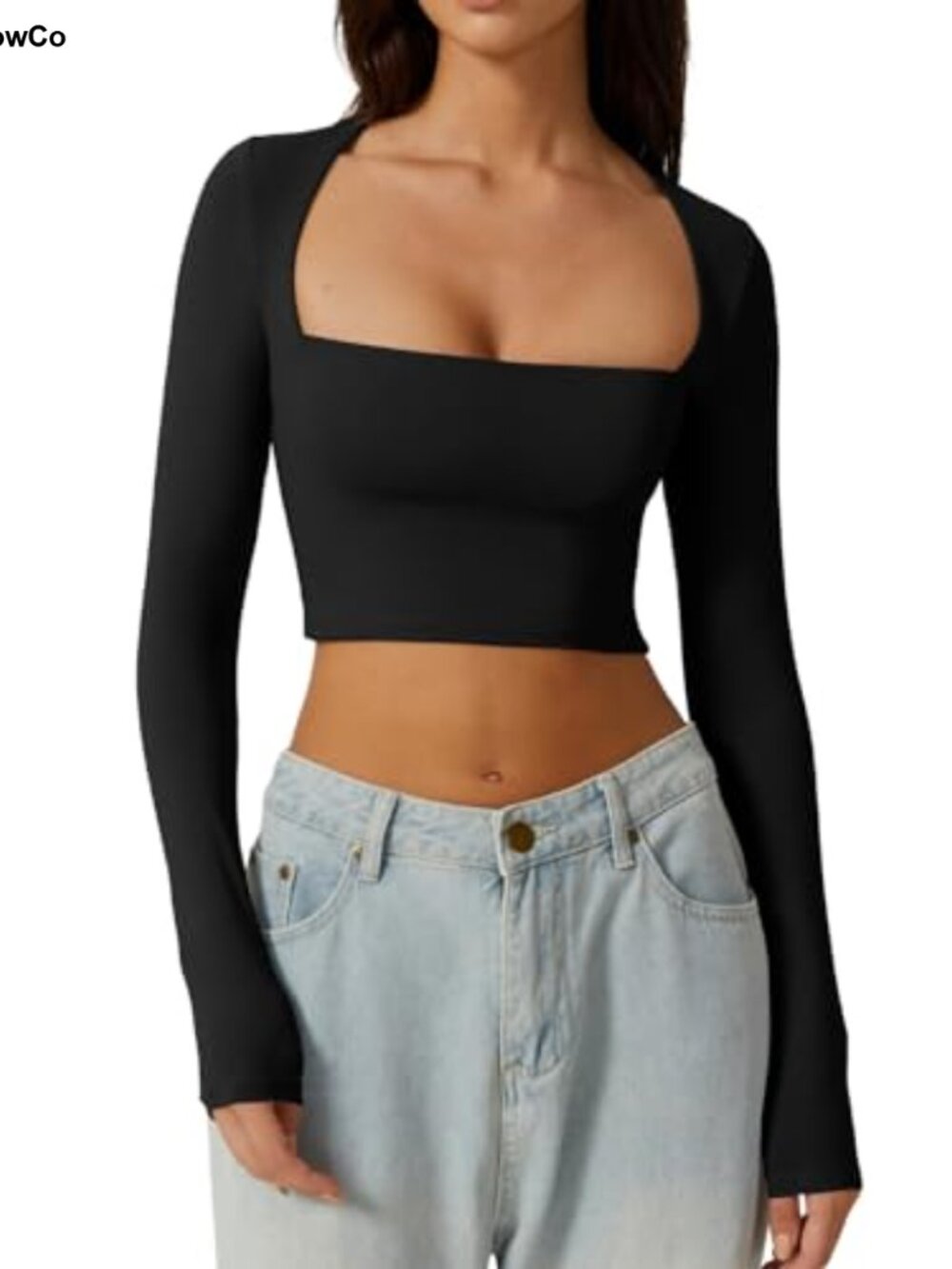 Square Neck Long Sleeve Crop Top Slim Fit Cropped Tee